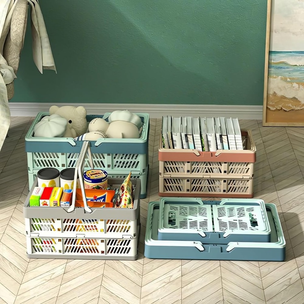 Collapsible Crate for Storage, Pink Plastic Milk Crates, Versatile Shopping Basket for Kitchen and Bathroom