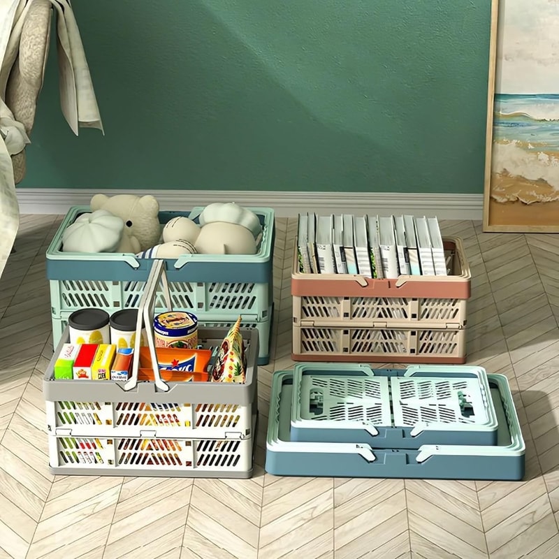 Collapsible Crate for Storage, Pink Plastic Milk Crates, Versatile Shopping Basket for Kitchen and Bathroom