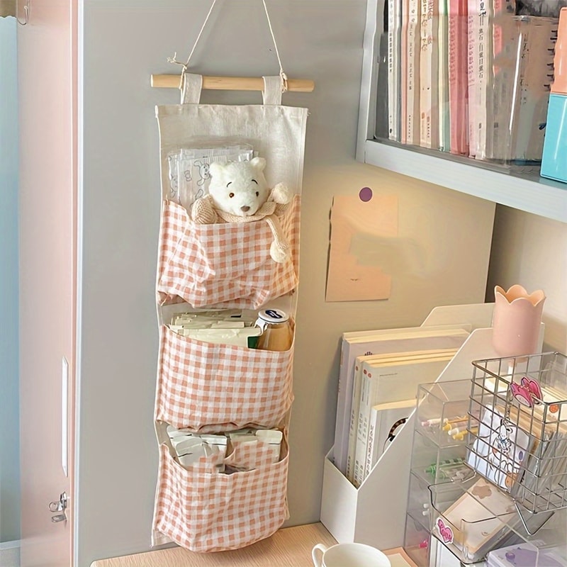 Multi pocket Hanging Pink Checkered Storage Bag, Fabric Hanging Bag, Cute Pink Space Saving Bedroom Organizers Storage