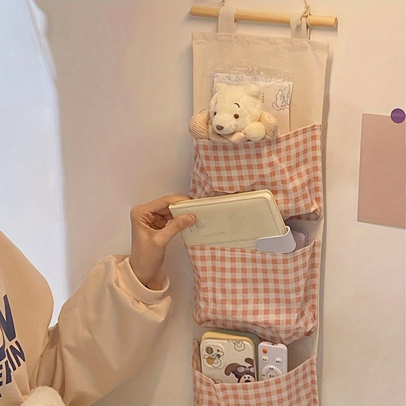 Multi pocket Hanging Pink Checkered Storage Bag, Fabric Hanging Bag, Cute Pink Space Saving Bedroom Organizers Storage