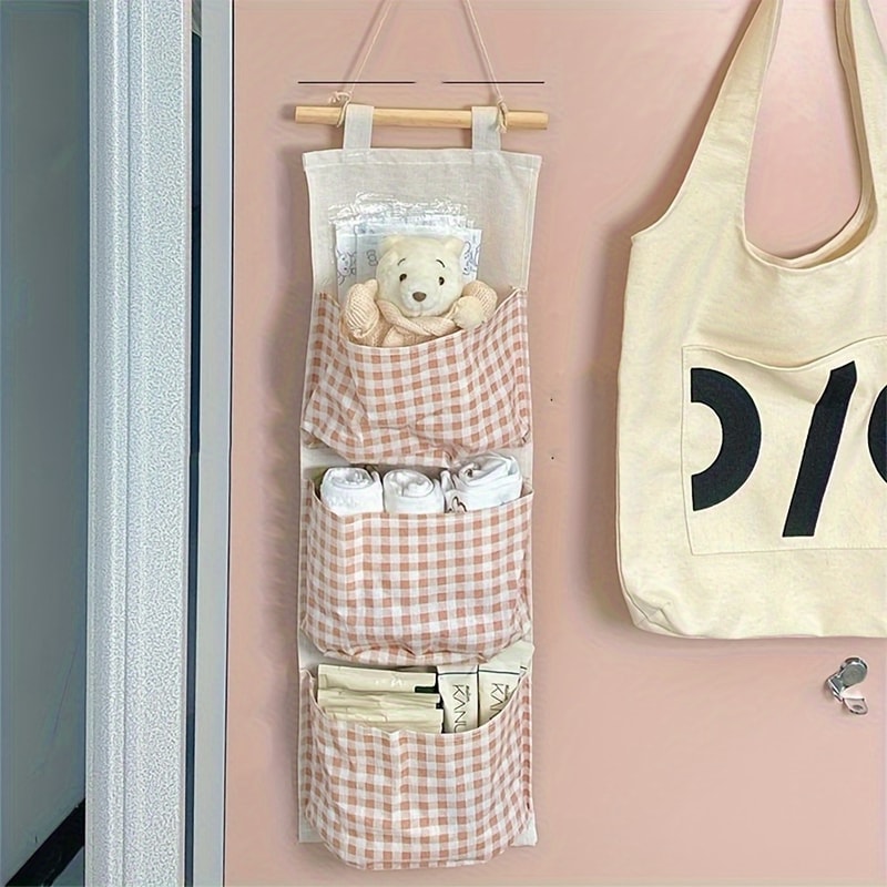 Multi pocket Hanging Pink Checkered Storage Bag, Fabric Hanging Bag, Cute Pink Space Saving Bedroom Organizers Storage