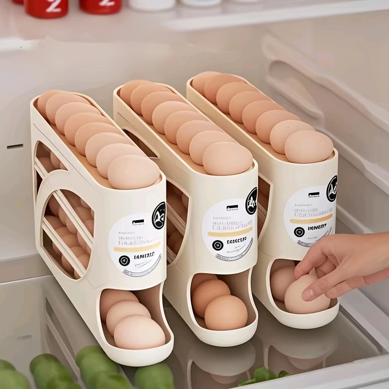 3 Tier Rolling Egg Storage Container for Refrigerator, Holds Eggs Organizer Rack, Large Capacity Kitchen Fridge Box