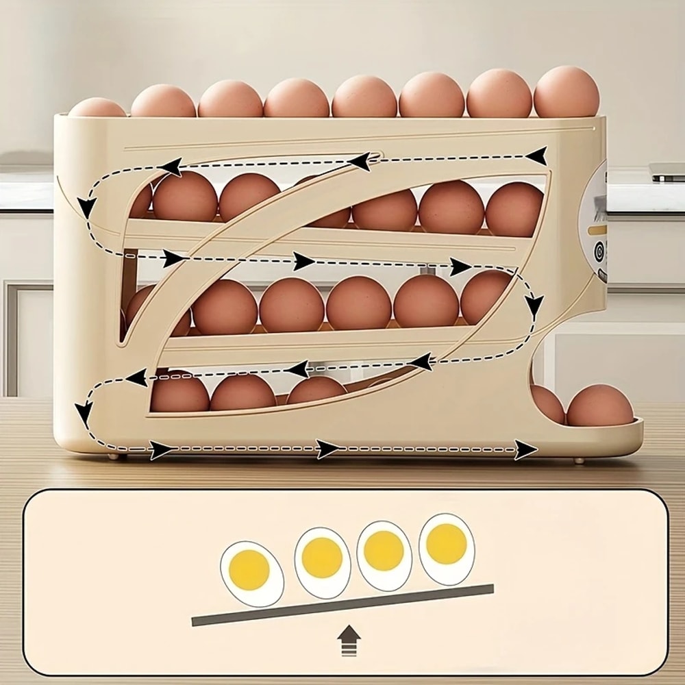 3 Tier Rolling Egg Storage Container for Refrigerator, Holds Eggs Organizer Rack, Large Capacity Kitchen Fridge Box