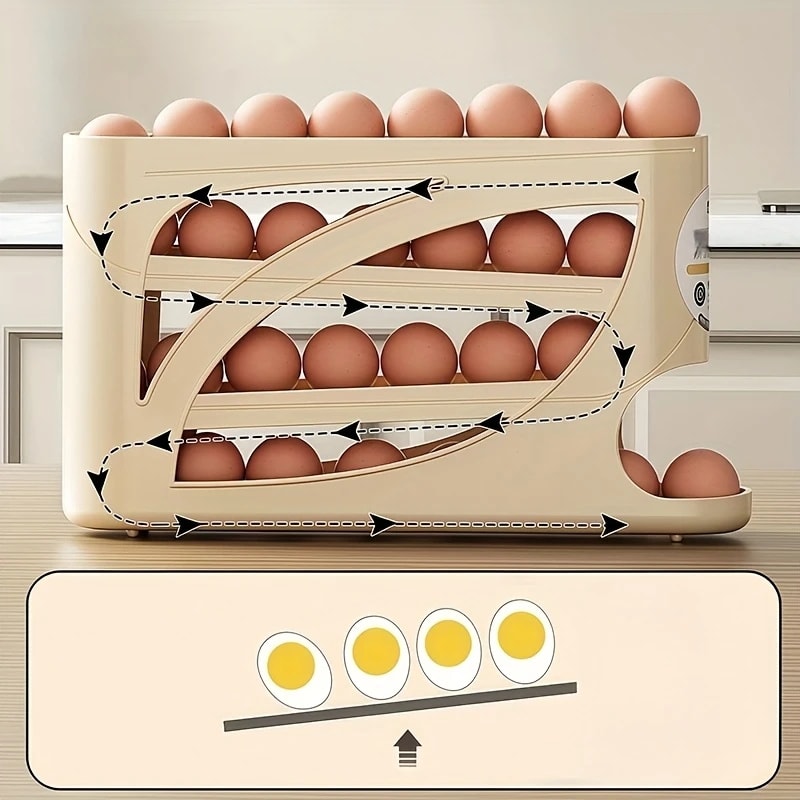 3 Tier Rolling Egg Storage Container for Refrigerator, Holds Eggs Organizer Rack, Large Capacity Kitchen Fridge Box