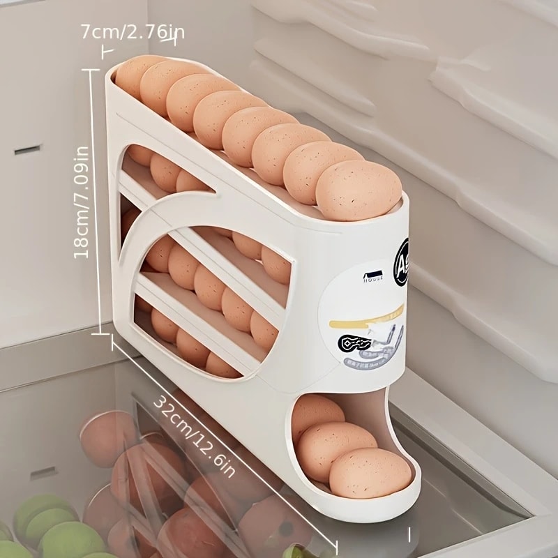 3 Tier Rolling Egg Storage Container for Refrigerator, Holds Eggs Organizer Rack, Large Capacity Kitchen Fridge Box