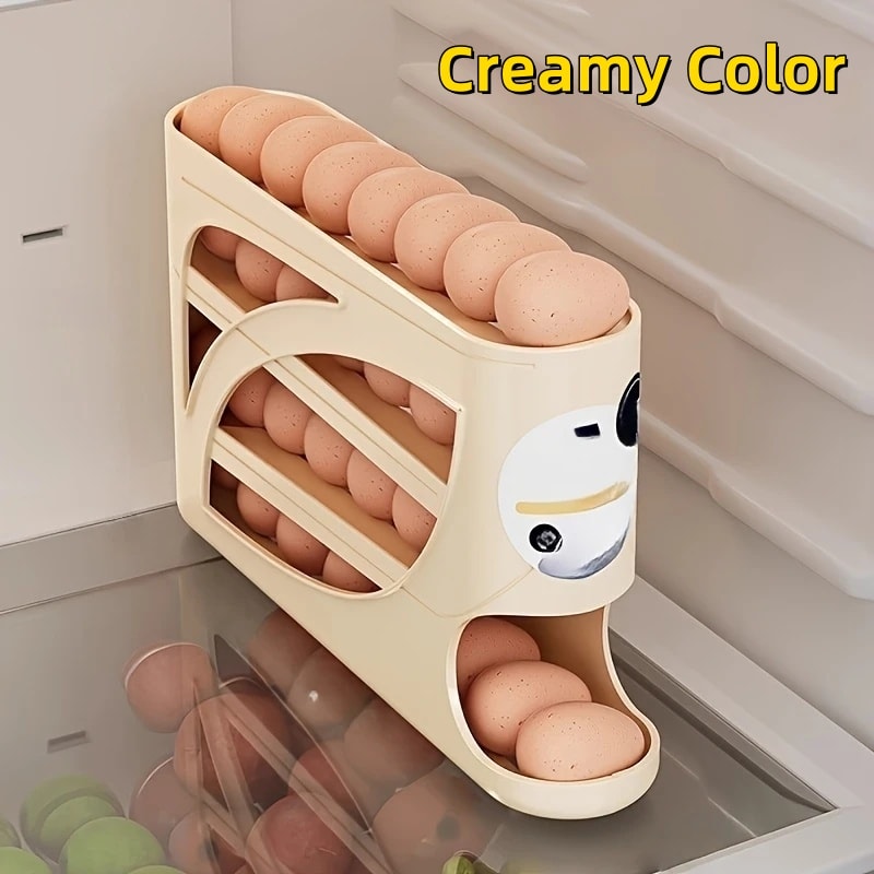 3 Tier Rolling Egg Storage Container for Refrigerator, Holds Eggs Organizer Rack, Large Capacity Kitchen Fridge Box