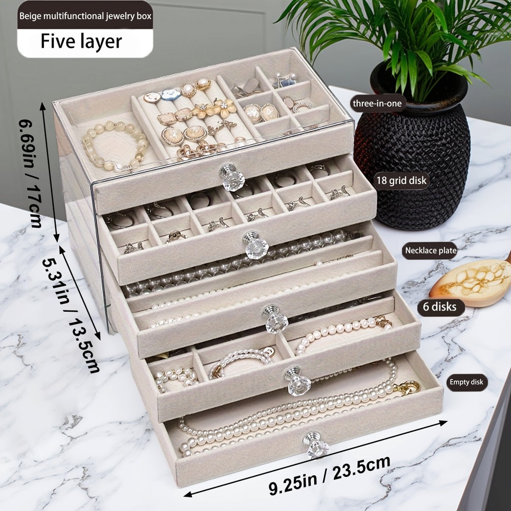 Elegant jewelry display box, 5-layer jewelry box, velvet drawer tray, transparent jewelry storage box for home decor