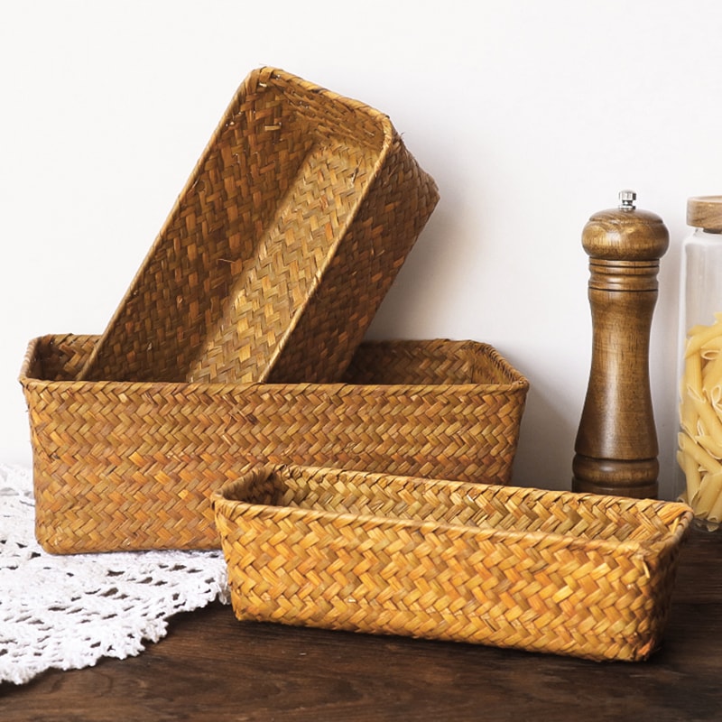 Woven Seagrass Wicker Storage Basket Rectangular Straw Rattan Basket Multipurpose Fruit Cosmetic Su 0