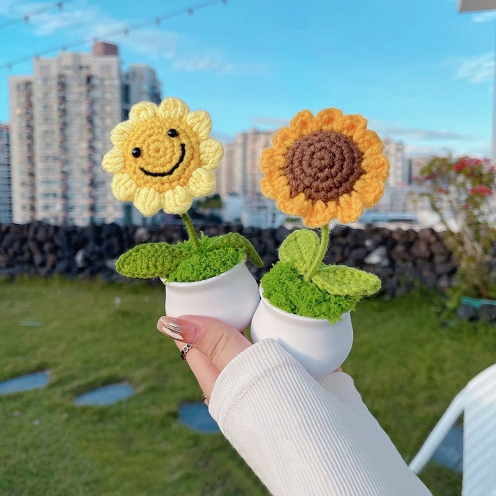 Sunflower Crochet Flower, Artificial Hand Woven Girasol Crochet Plants, Wedding Guest Gifts, Desktop Decoration