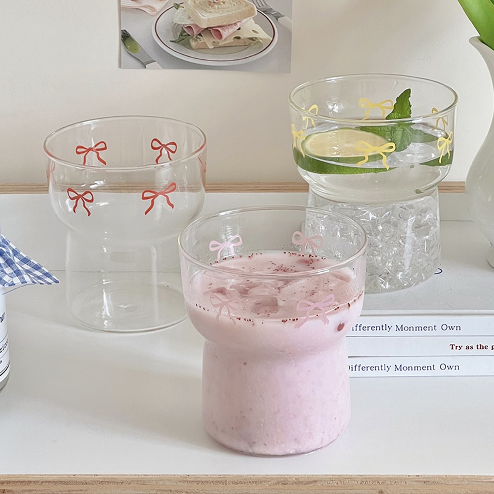 Style Bow Milk Glass Cup, Breakfast Juice Latte Coffee Cup, Couple Lover Girls Bow Pattern Glasses, Drink Cup Outdoor