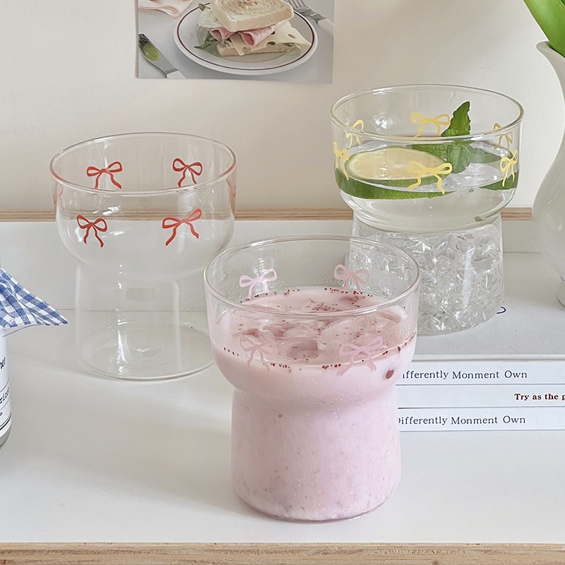 Style Bow Milk Glass Cup, Breakfast Juice Latte Coffee Cup, Couple Lover Girls Bow Pattern Glasses, Drink Cup Outdoor