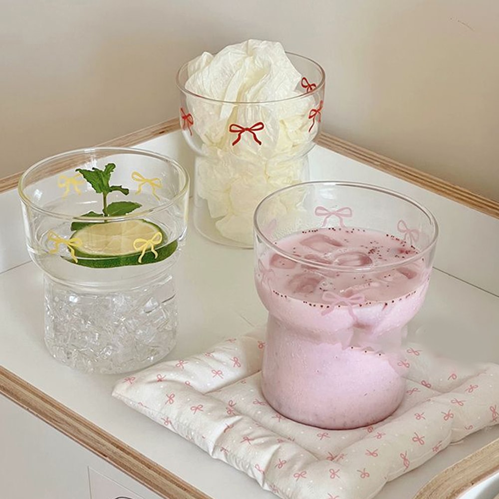 Style Bow Milk Glass Cup, Breakfast Juice Latte Coffee Cup, Couple Lover Girls Bow Pattern Glasses, Drink Cup Outdoor