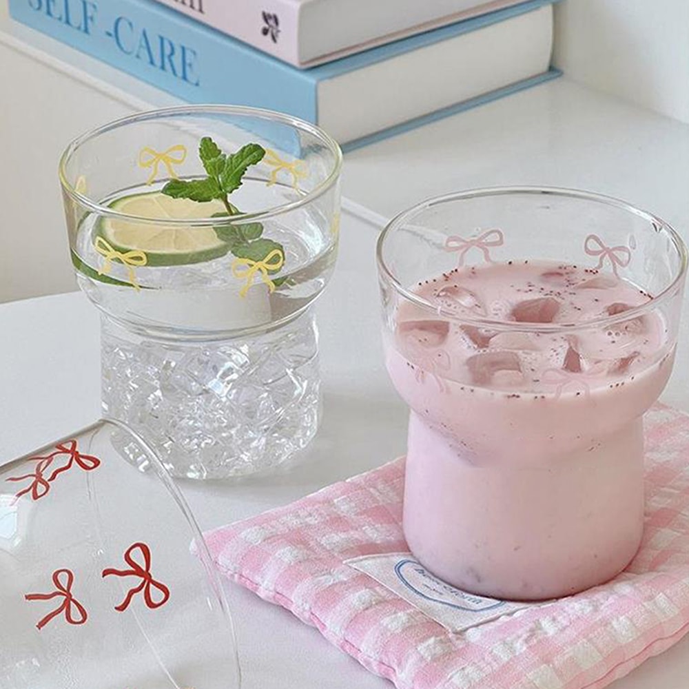 Style Bow Milk Glass Cup, Breakfast Juice Latte Coffee Cup, Couple Lover Girls Bow Pattern Glasses, Drink Cup Outdoor