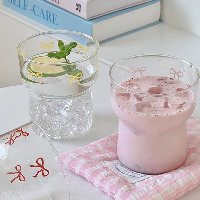Style Bow Milk Glass Cup, Breakfast Juice Latte Coffee Cup, Couple Lover Girls Bow Pattern Glasses, Drink Cup Outdoor
