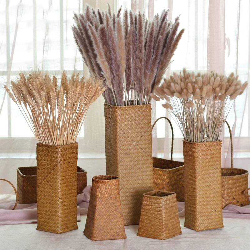 Natural Seaweed Weave Basket, Pastoral Rattan Vase, Bamboo Weaving Vases, Floral Arrangement, Dried Flower Vase for Home