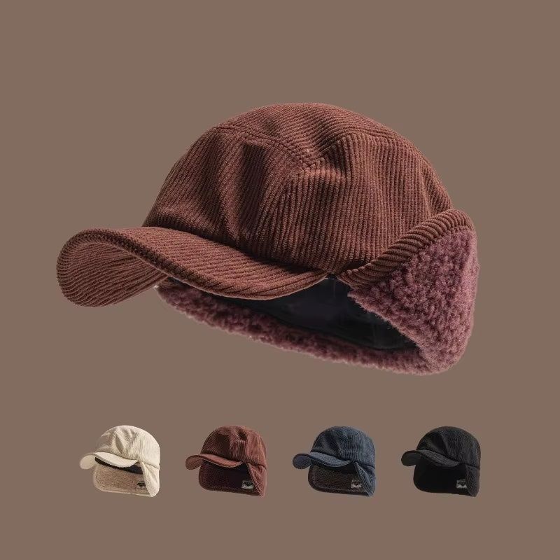 Winter Unisex Retro Corduroy Bomber Hat FleeceLined Windproof Earflap Cap For Men And Women 3