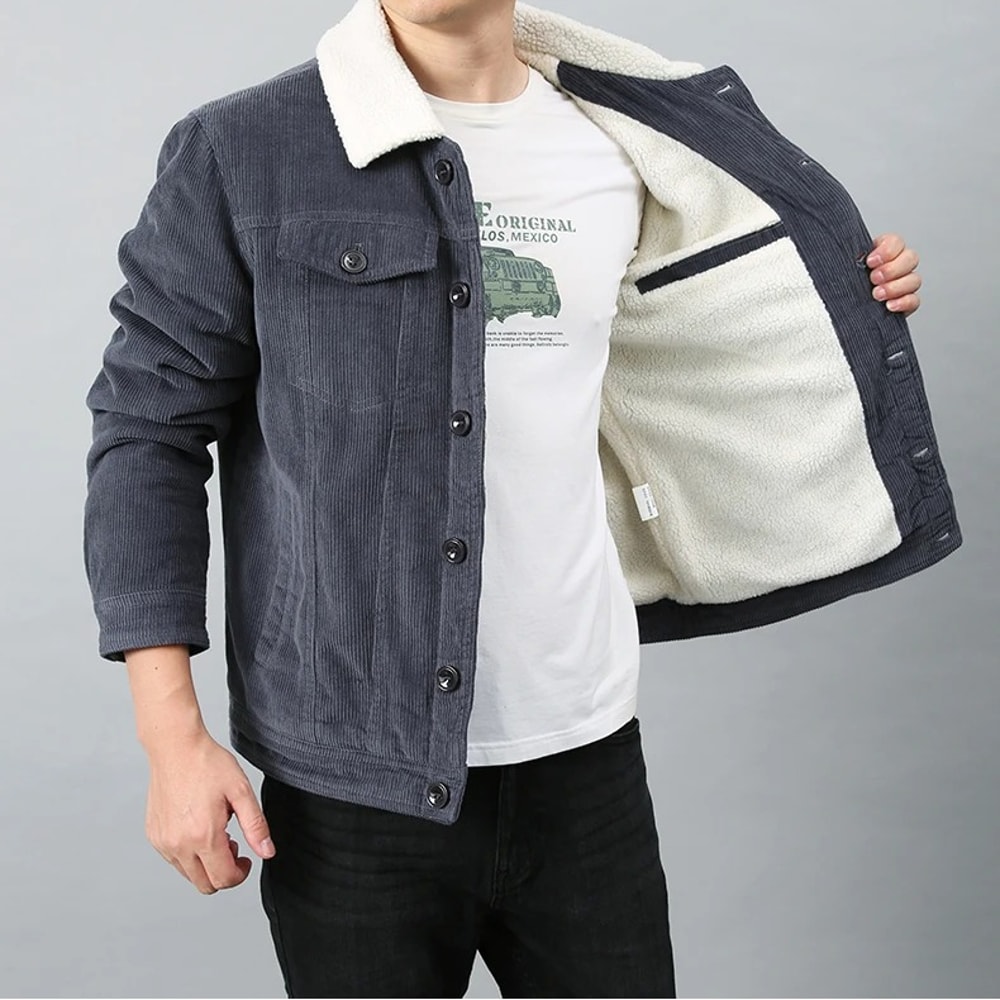 Male Cotton Jackets, Padded Warm Loose Parka Coat, Corduroy Short Jacket, Solid Zip Windbreaker, Winter Fleece Jacket