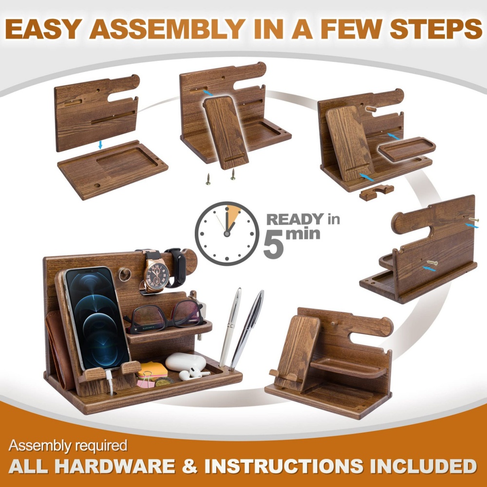 Wooden Desk Organizer, Phone Holder, Keys, Wallet, Glasses, Watch Stand, Office Desktop, Bedside Organizer, Jewelry