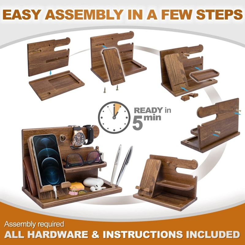 Wooden Desk Organizer, Phone Holder, Keys, Wallet, Glasses, Watch Stand, Office Desktop, Bedside Organizer, Jewelry