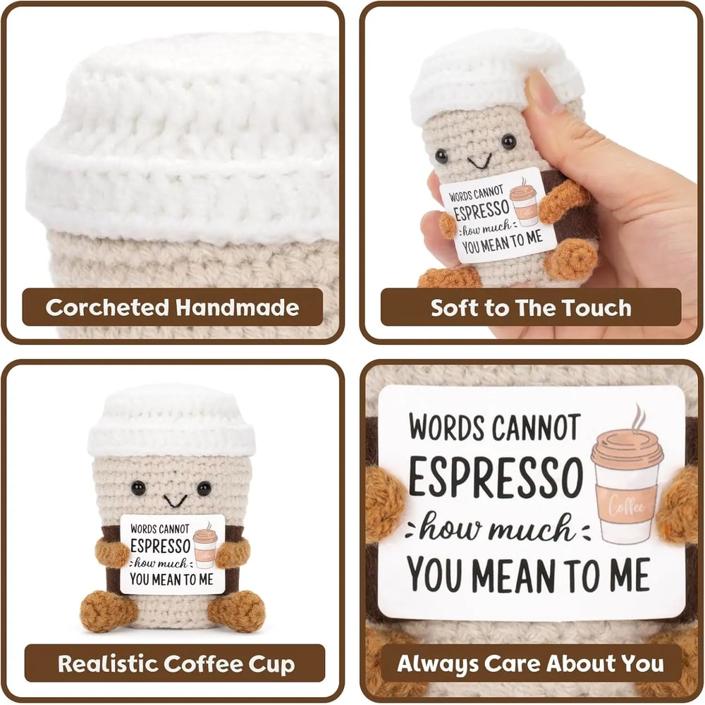 Funny Crochet Emotional Support Coffee Doll With Card Handmade Knitted Coffee Dolls Desktop Ornamen 1