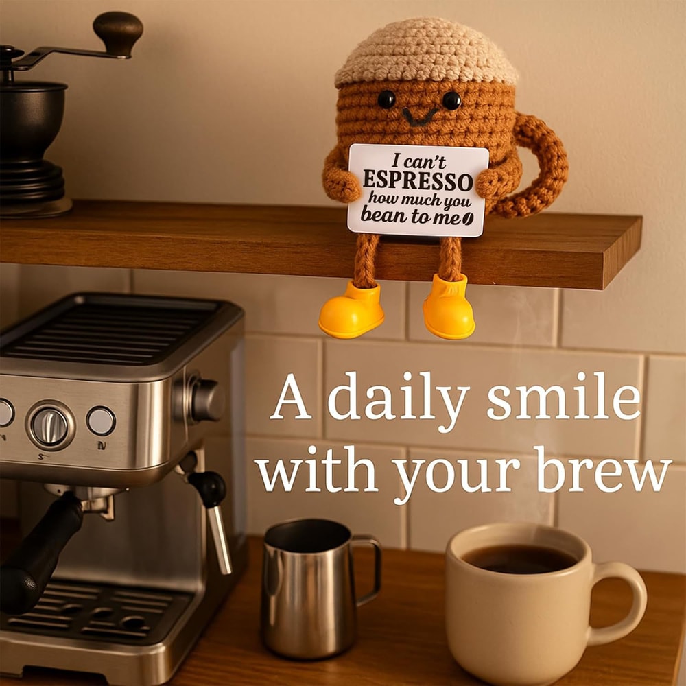 Funny Crochet Emotional Support Coffee Doll With Card Handmade Knitted Coffee Dolls Desktop Ornamen 4