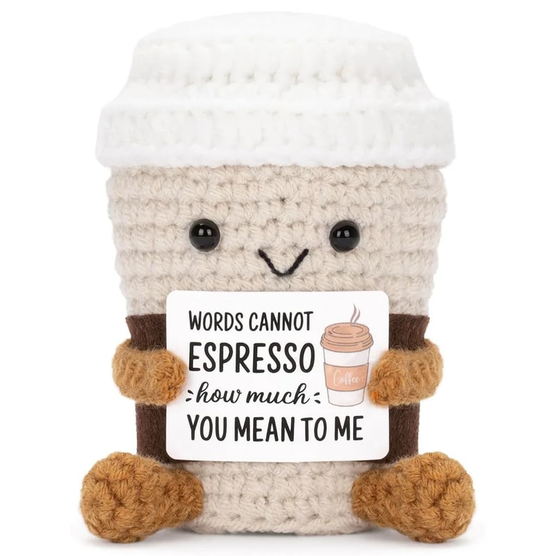 Funny Crochet Emotional Support Coffee Doll With Card Handmade Knitted Coffee Dolls Desktop Ornamen 11