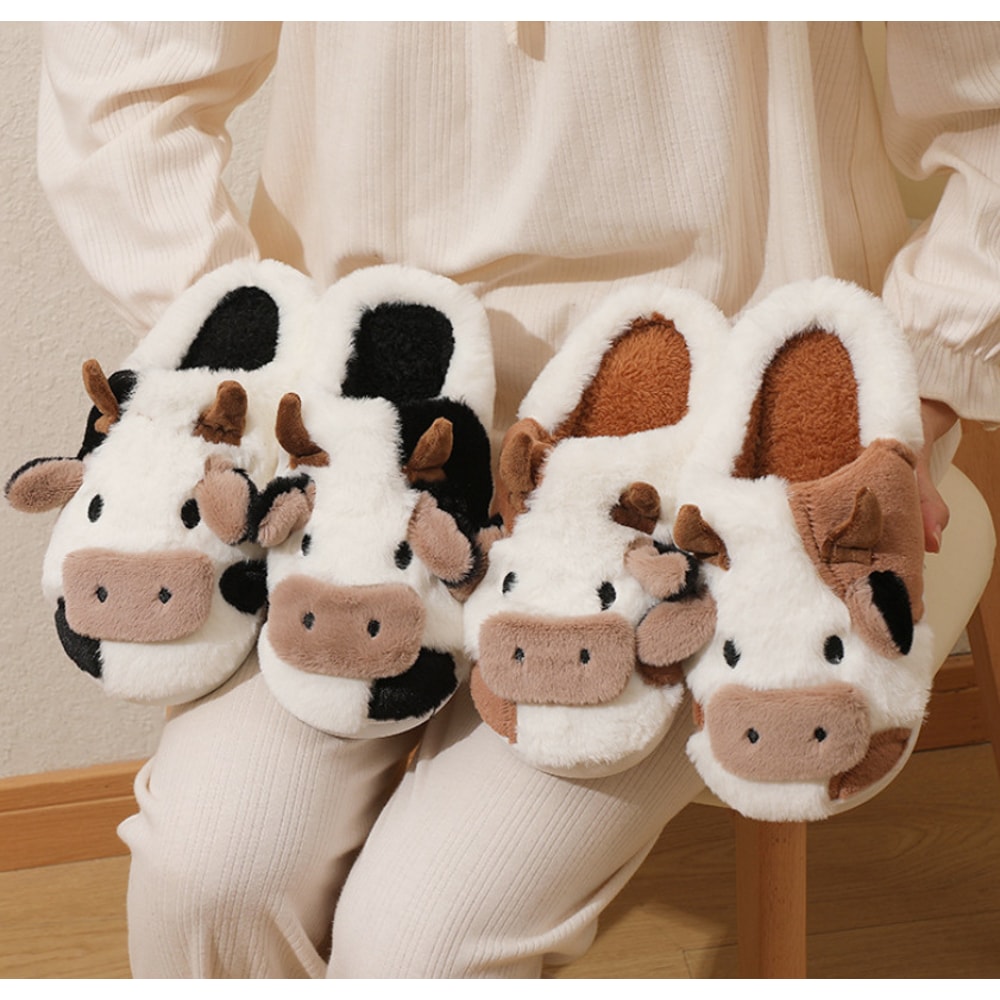Winter Home Slippers For Couples Warm Plush Cartoon Cow AntiSlip Cotton Slipper For Men And Women C 0