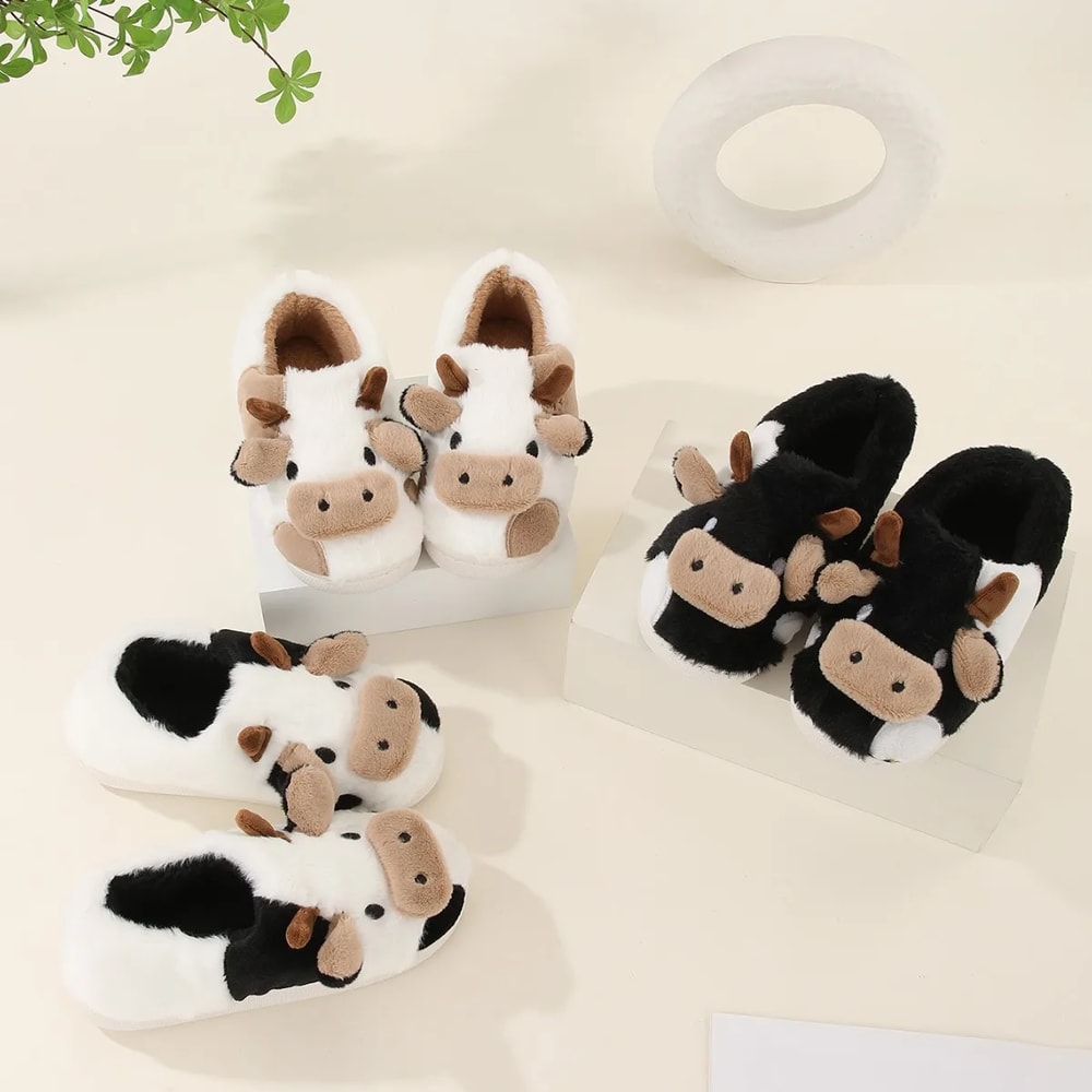 Winter Home Slippers For Couples Warm Plush Cartoon Cow AntiSlip Cotton Slipper For Men And Women C 6