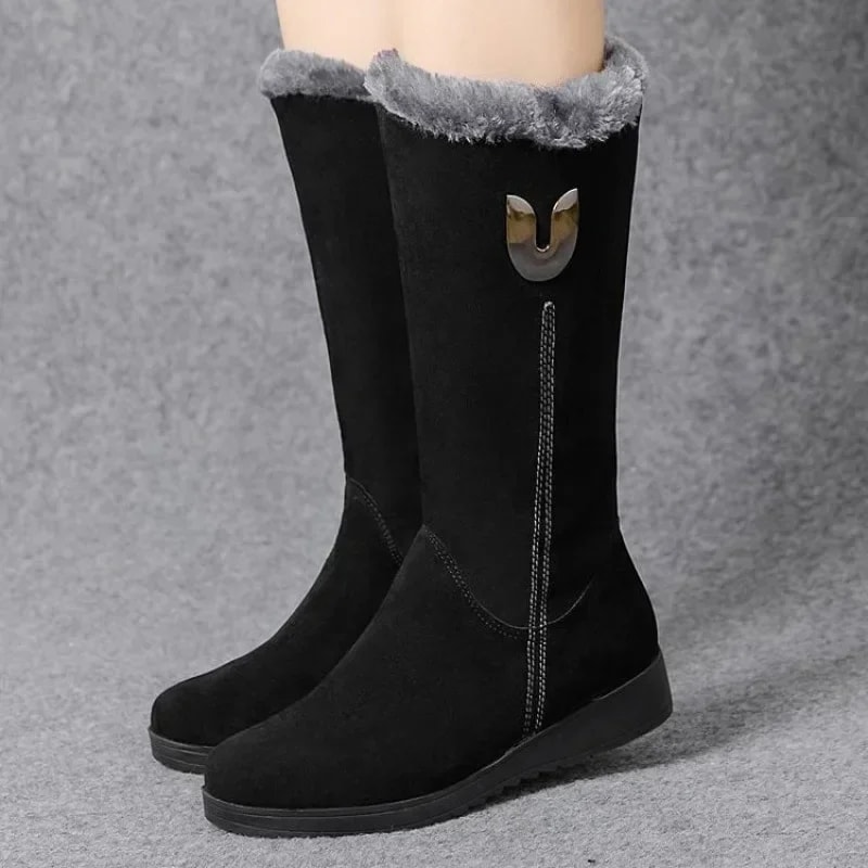 Warm Chelsea High Fur Boots for Women, Winter Shoes with Chunky Mid-calf Plush Snow Flat Boots, ZIP Fashion Style