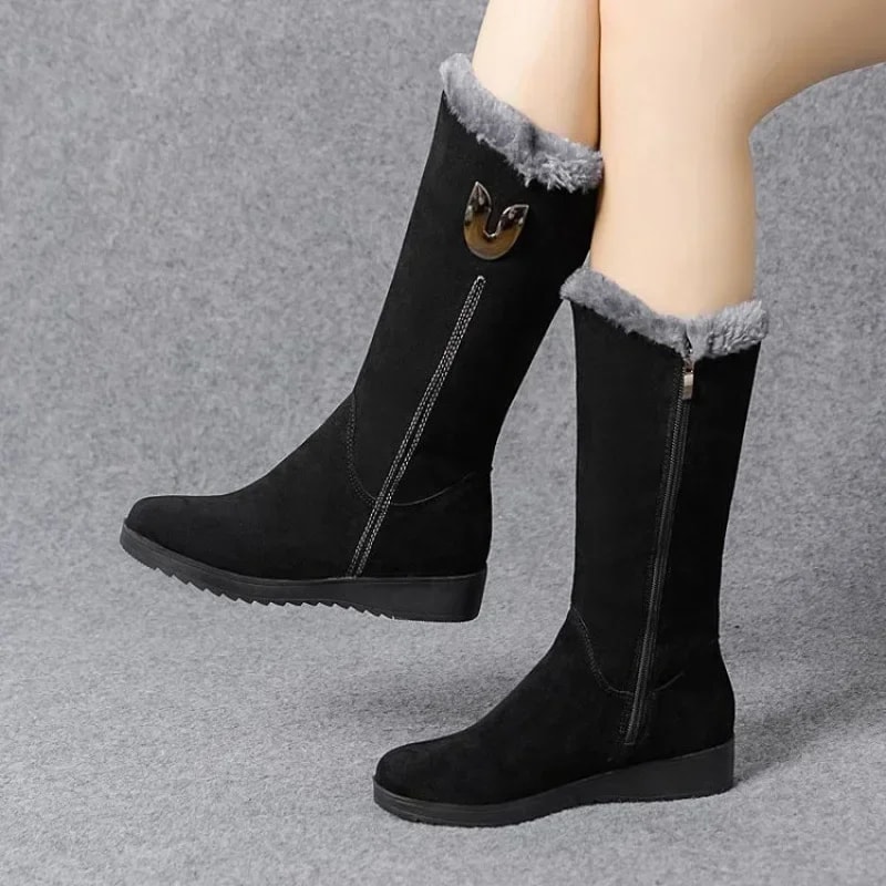 Warm Chelsea High Fur Boots for Women, Winter Shoes with Chunky Mid-calf Plush Snow Flat Boots, ZIP Fashion Style