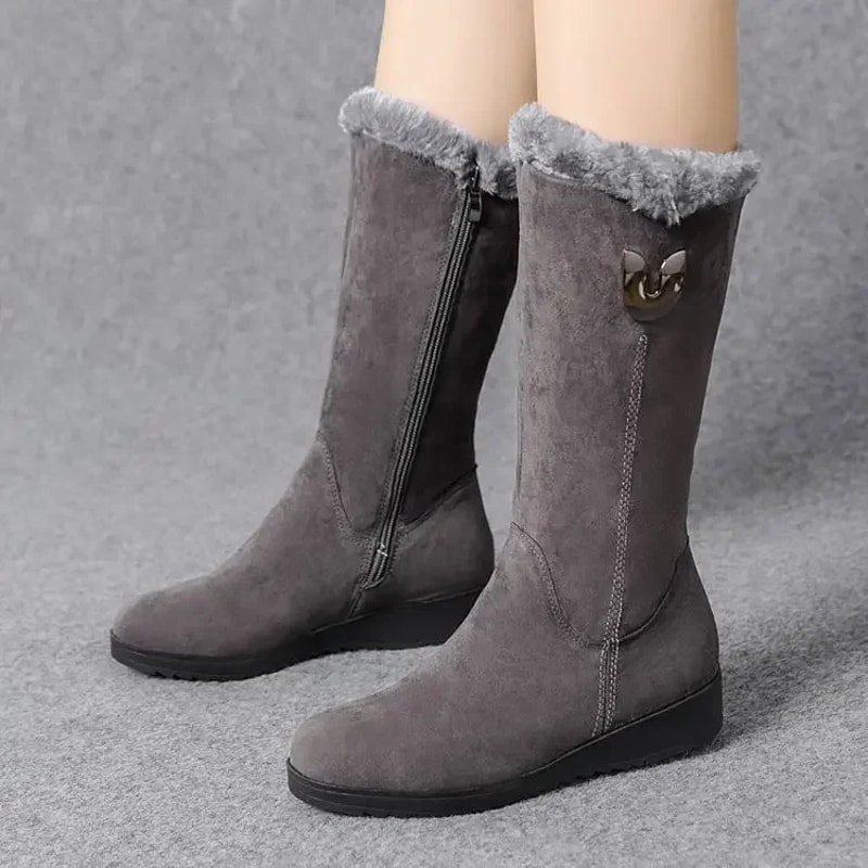 Warm Chelsea High Fur Boots for Women, Winter Shoes with Chunky Mid-calf Plush Snow Flat Boots, ZIP Fashion Style