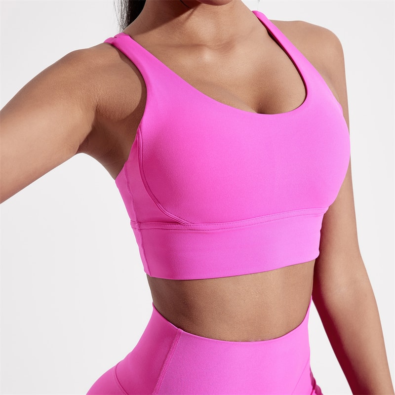 Solid Color Women Crossback Fitness Sports Bra, High Strength Tight Top, Gym Training Yoga Underwear with Chest Pad