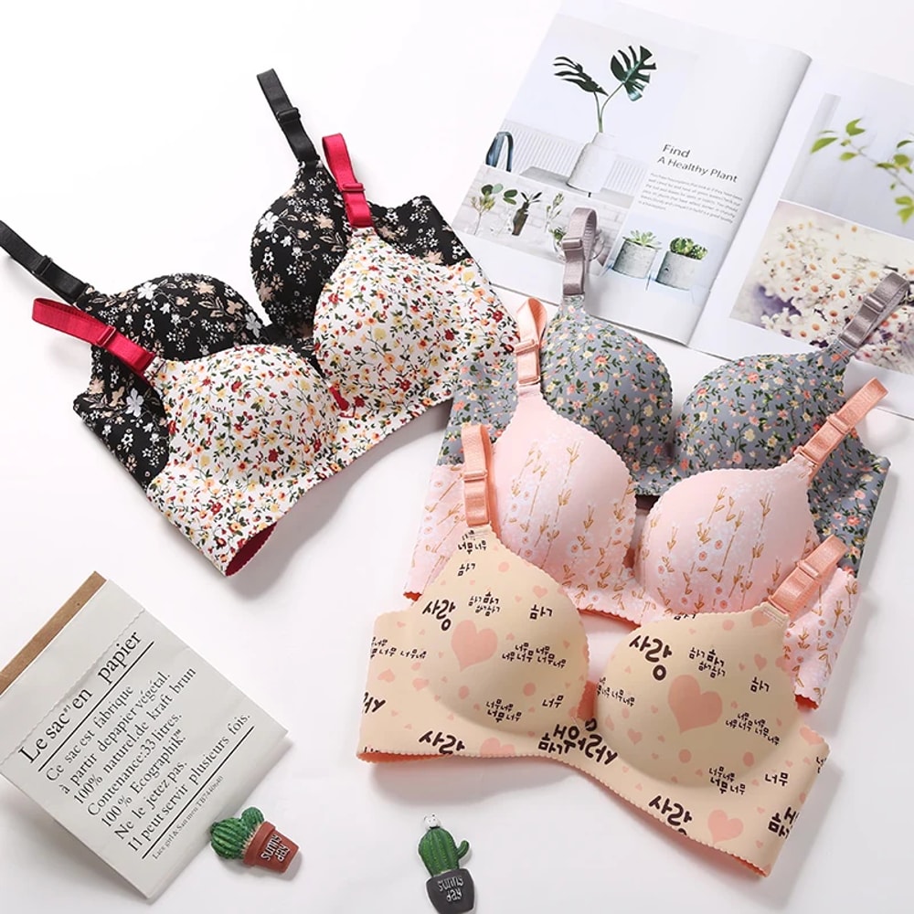 Women Flower Print Seamless Bra, Sexy Lingerie Floral Push Up, One-Piece Underwear