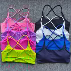 solid color support women fitness bra, yoga vest gym sport top, hollow back push with chest pad, four shoulder straps