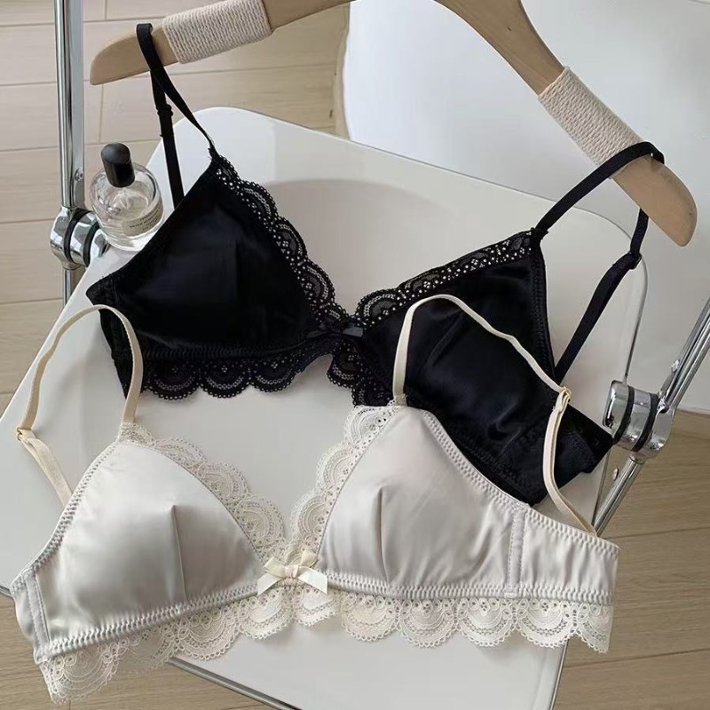 Triangle Cup Bow Lace Bra for Women, Small Chest, Satin Underwear, Comfortable Soft Bra, Sweet Girl Breathable Lingerie