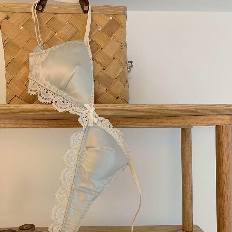 Triangle Cup Bow Lace Bra for Women, Small Chest, Satin Underwear, Comfortable Soft Bra, Sweet Girl Breathable Lingerie