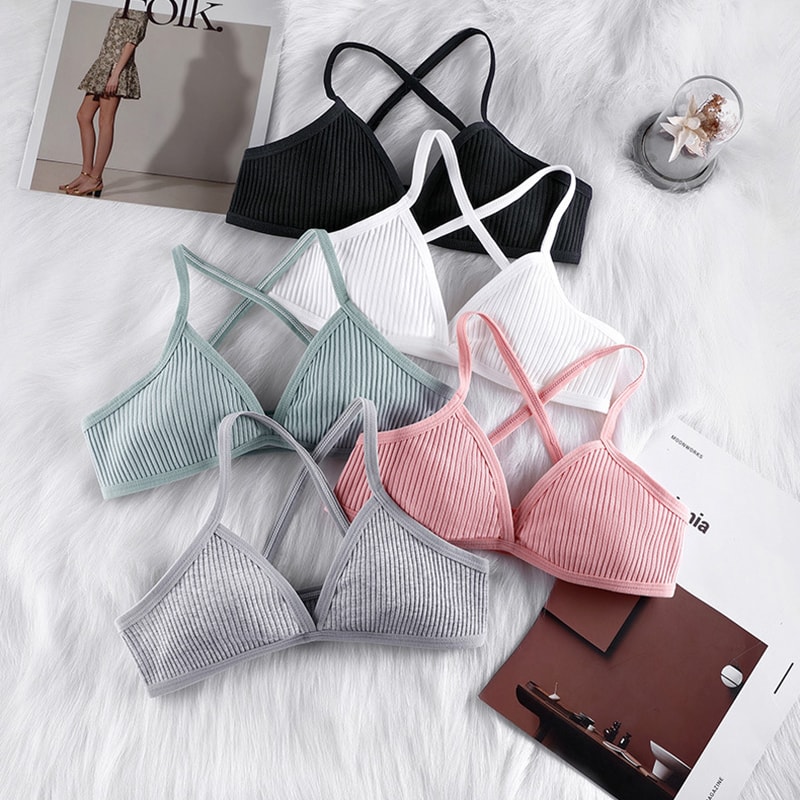 Comfort Lingerie Cotton Bras For Women, Thin Style Unlined Bralette, Sexy Deep V Triangle Cup, Cross Beauty Back Bra