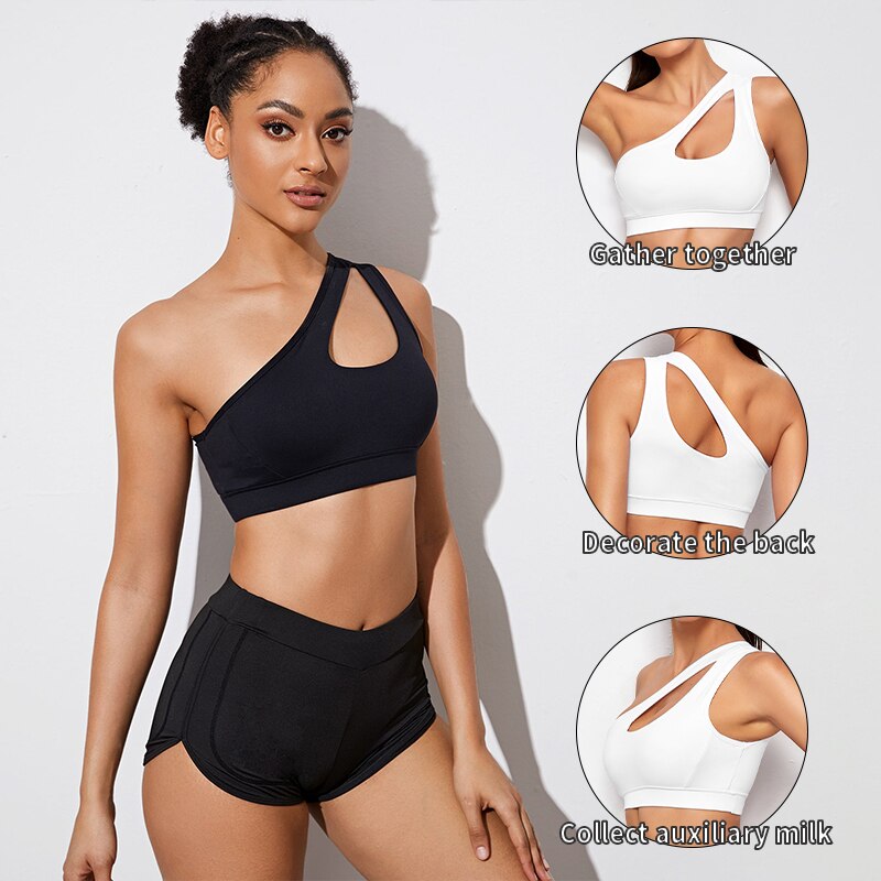 Women Sports Bra Push Up, Fitness Bras, One Shoulder Shockproof Yoga Bra, Black White Yoga Running Bra, Sexy Vest