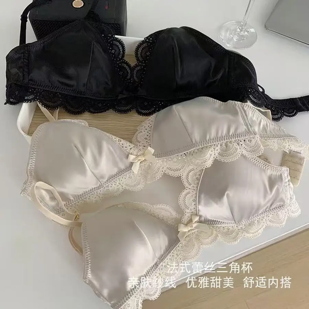 Triangle Cup Bow Lace Bra for Women, Small Chest Satin Underwear, Sweet Girl Breathable Comfortable Soft Bra Lingerie