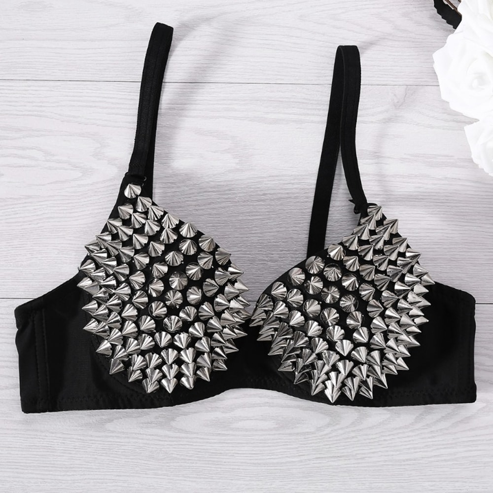 Silver Rivets Punk Rave Bralette Lingerie, Gothic Bra Top, Sexy Push Up Brassiere, Nightclub Party Fashion Hot Bras