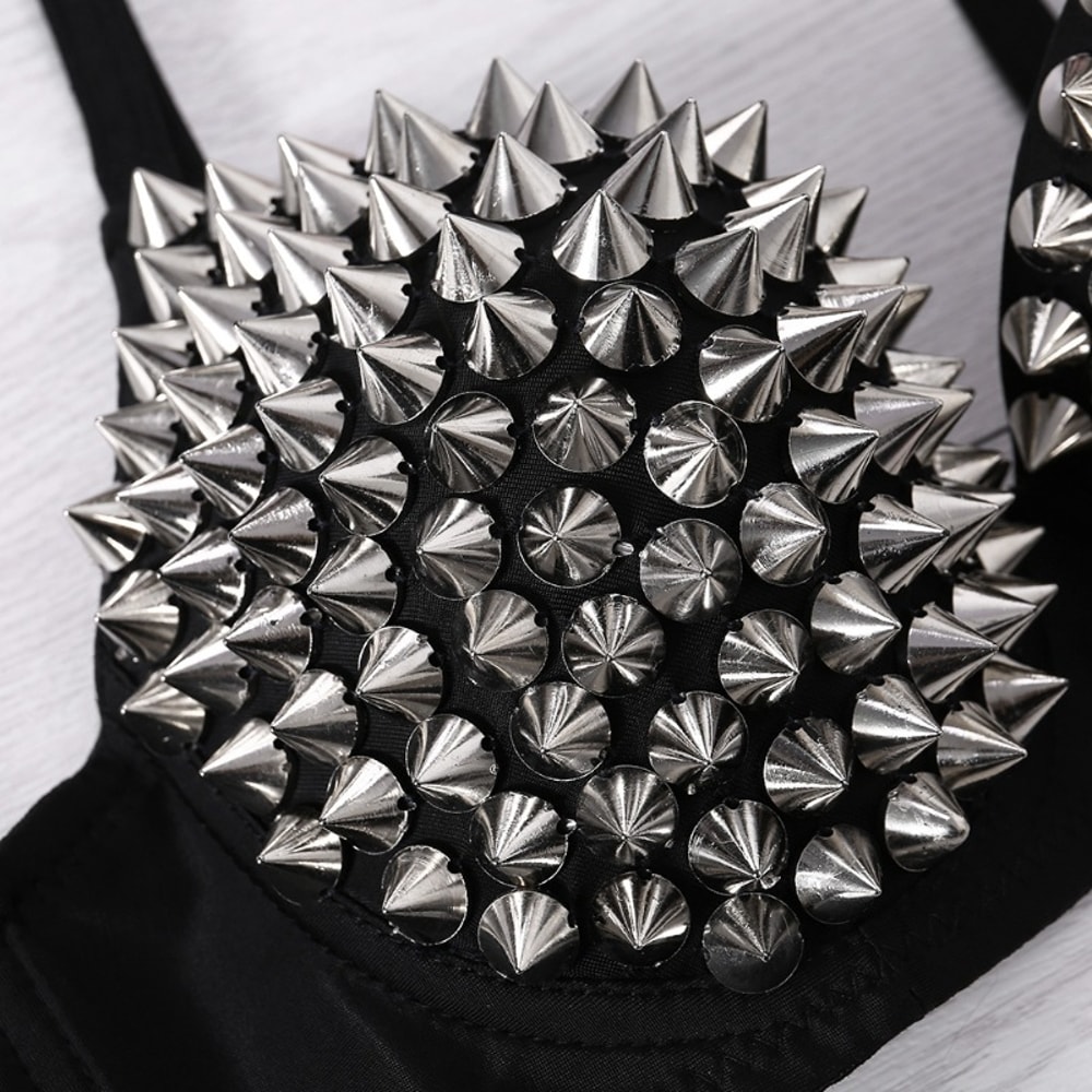 Silver Rivets Punk Rave Bralette Lingerie, Gothic Bra Top, Sexy Push Up Brassiere, Nightclub Party Fashion Hot Bras