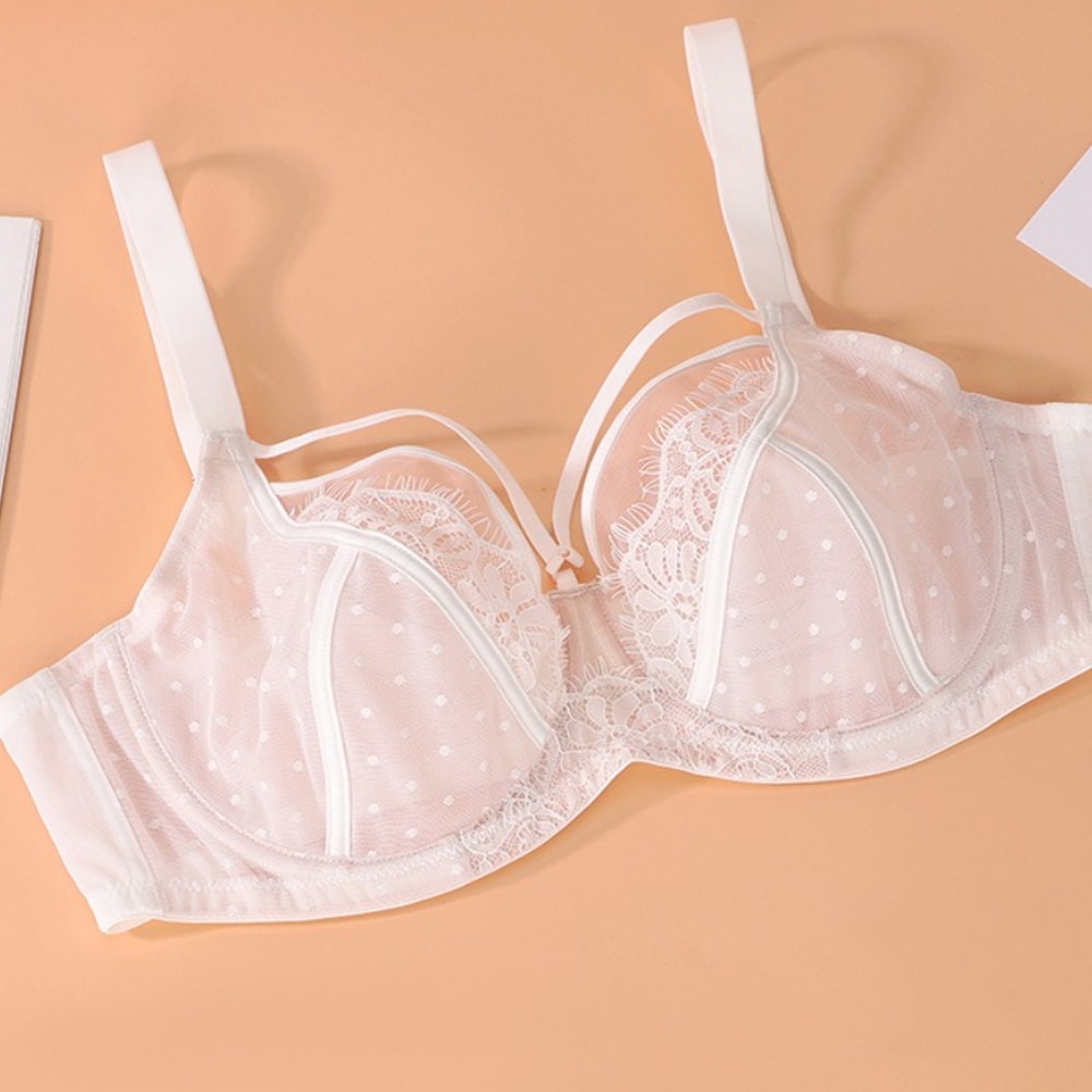 Lace Plus Size Bra, Thin Mesh Embroidery, Full Cup, Gathering Top Support, Slim Fit Underwear for Women