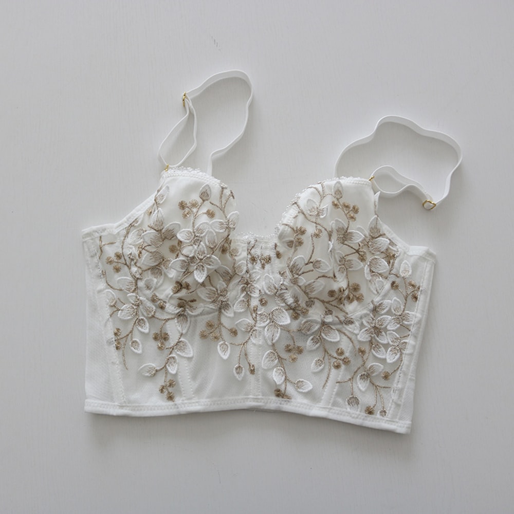 Three-Dimensional Embroidered Bra, Sexy Lace Fish Bone Corset, Widened Breasted with Steel Ring, Half Cup Bralette