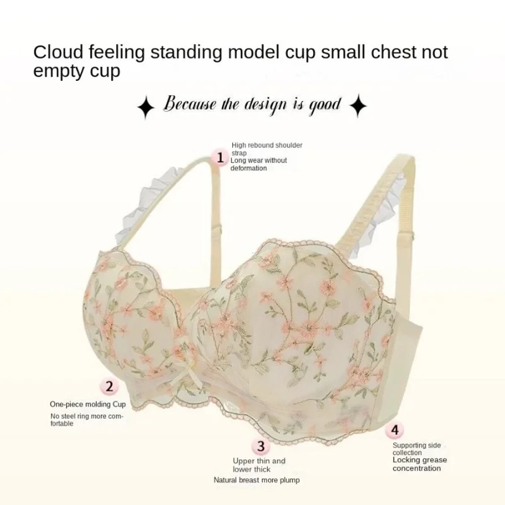 Small Breasts Gathered Women's Underwear, Flat Chest Collection, Side Breast Anti-sagging, No Steel Ring, Embossed Women