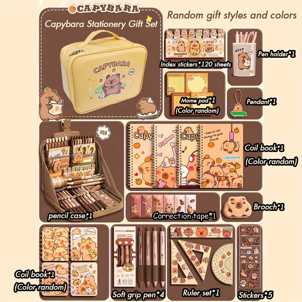 Cute Capybara Stationery Gift Set for Students, Soft Grip Pens, Notebook, Pencil Case, Study Essentials Pack