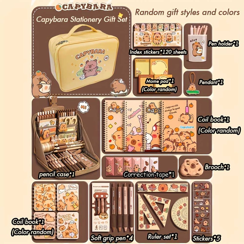 Cute Capybara Stationery Gift Set for Students, Soft Grip Pens, Notebook, Pencil Case, Study Essentials Pack