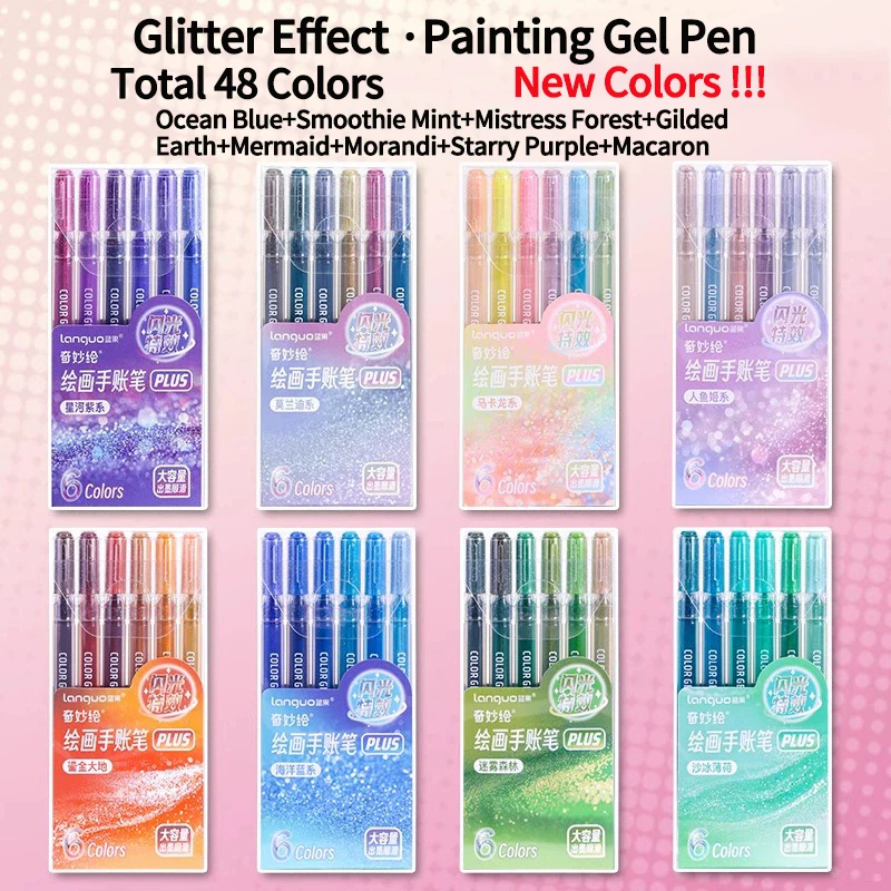Glitter Effects Color Gel Pen Set Student Writing Pen Painting Highlight Take Note Handbook School 6