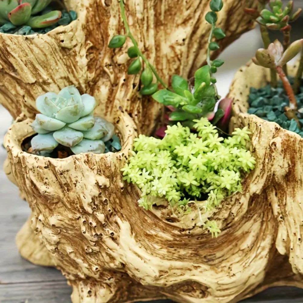 Retro Style Resin Succulent Flowerpot with Drainage Hole, Unique Asymmetrical Texture Design, Dual-Use Indoor Outdoor