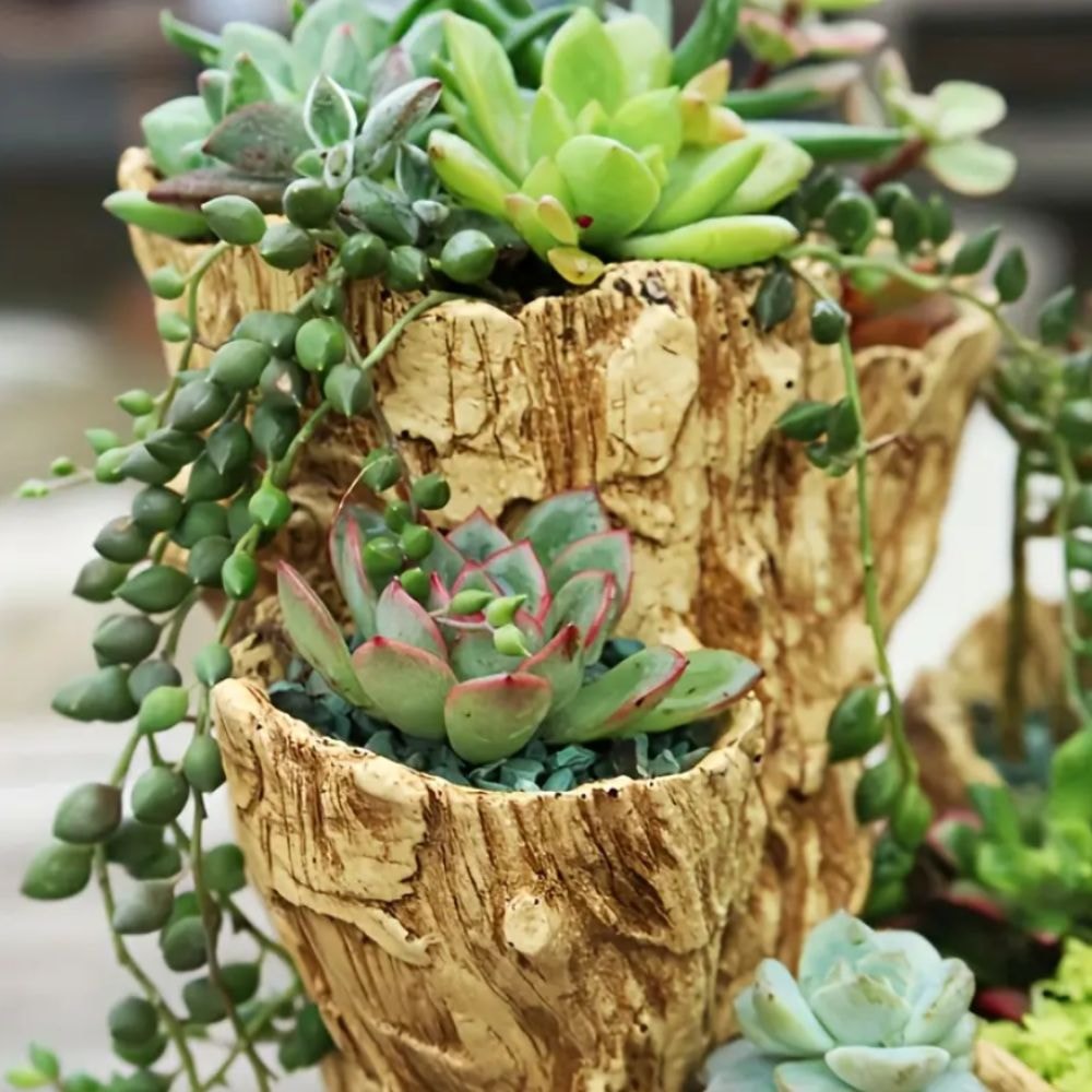 Retro Style Resin Succulent Flowerpot with Drainage Hole, Unique Asymmetrical Texture Design, Dual-Use Indoor Outdoor