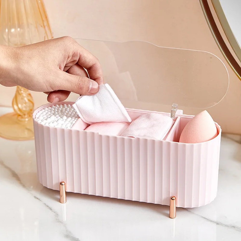 Cosmetic Storage Box With Lid, Dustproof Desktop Makeup Organizer, Cotton Powder Puff Storage Box Bathroom Organizer Box